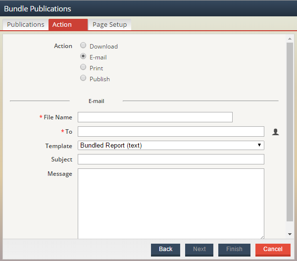 Screenshot of the Action tab of the Bundle Publications Wizard with the E-mail option selected.